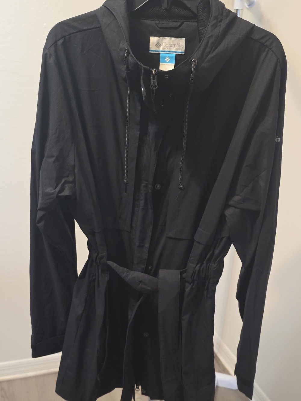 Columbia Black Hooded Trench Coat with Waist Tie